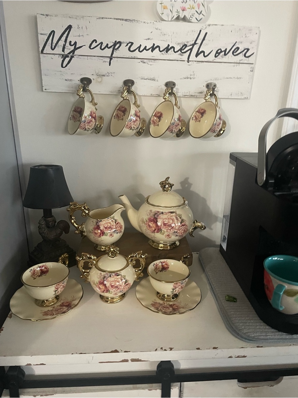 Vintage Floral Porcelain Tea Set - Cream with Pink Rose Accents FANQUARE